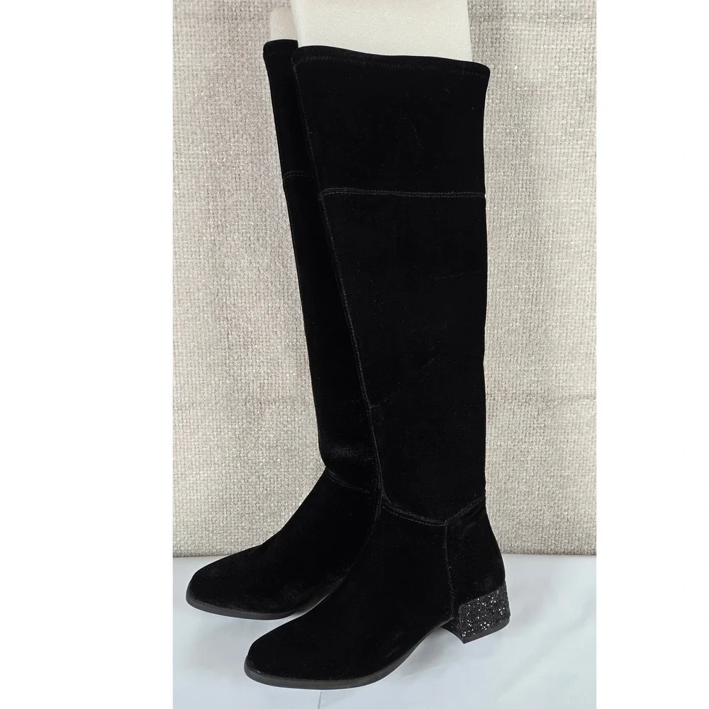 Anne Klein Black Velvet Over The Knee Boots Glitter Block Heel Womens 7.5 kimmie